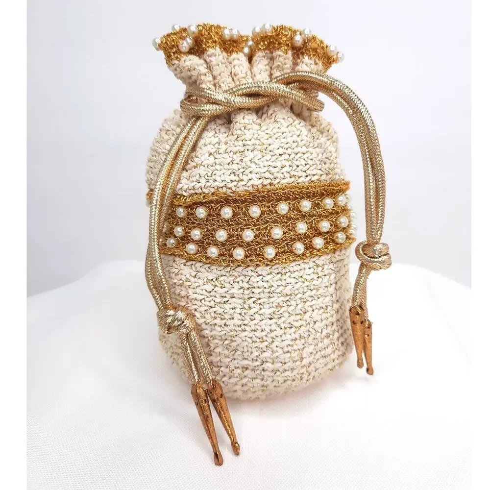 Vintage Crochet Drawstring Potli Bag Pearl Gold Beaded Satchel Purse Tassels
